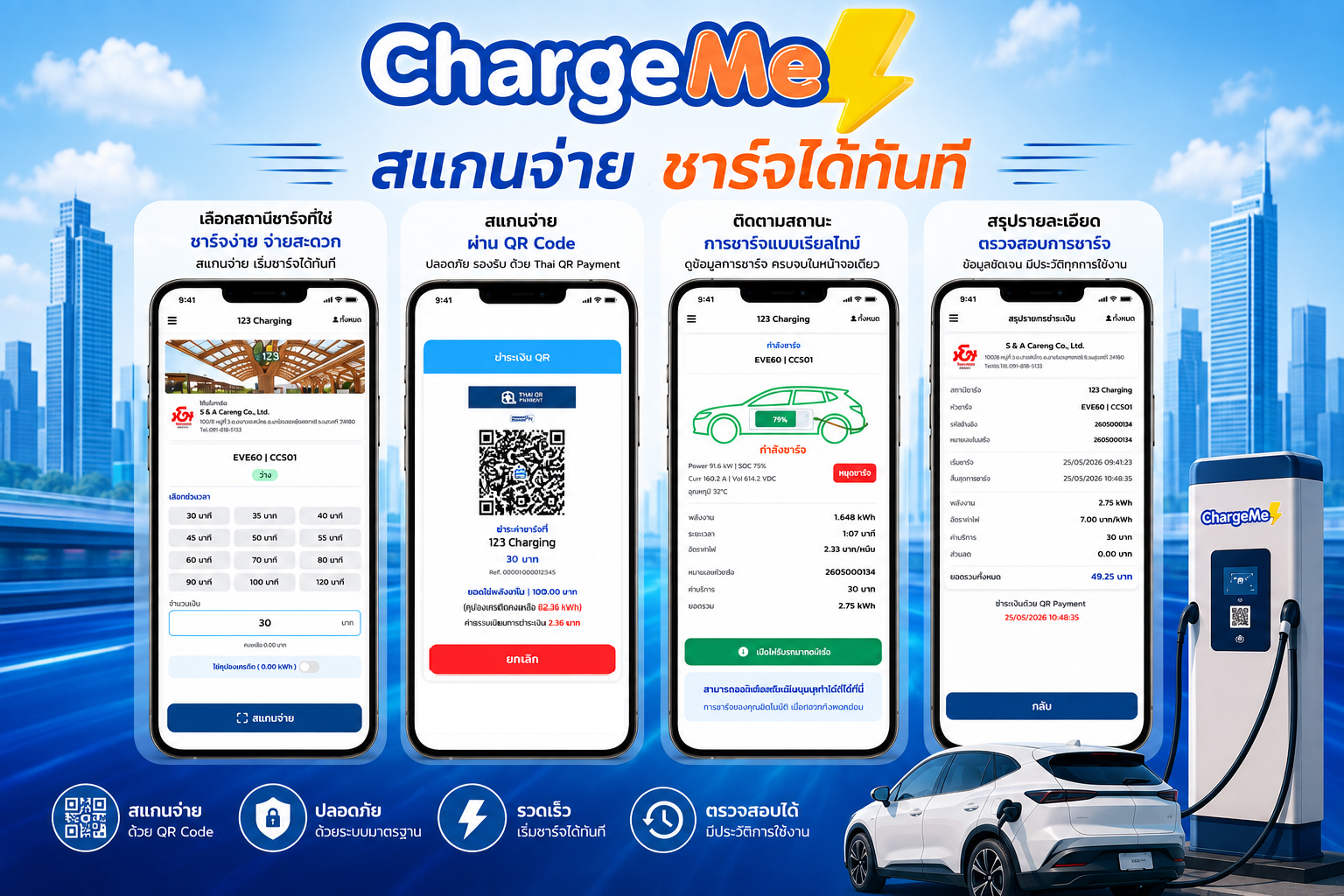 EV Charging Station Solution หน้าจอระบบ ChargeMe สำหรับผู้ใช้